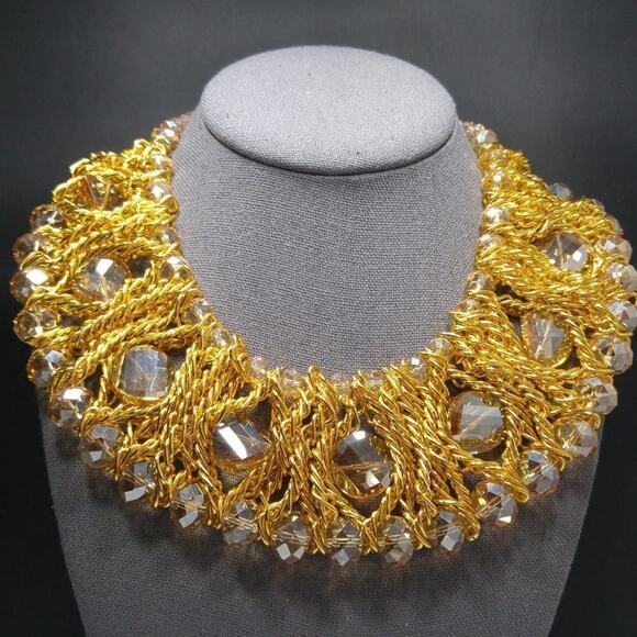 Bohemian Wide Crystal Beaded Chain Collar Necklace, Champaign Beads, 17 Inches - Picture 5 of 11